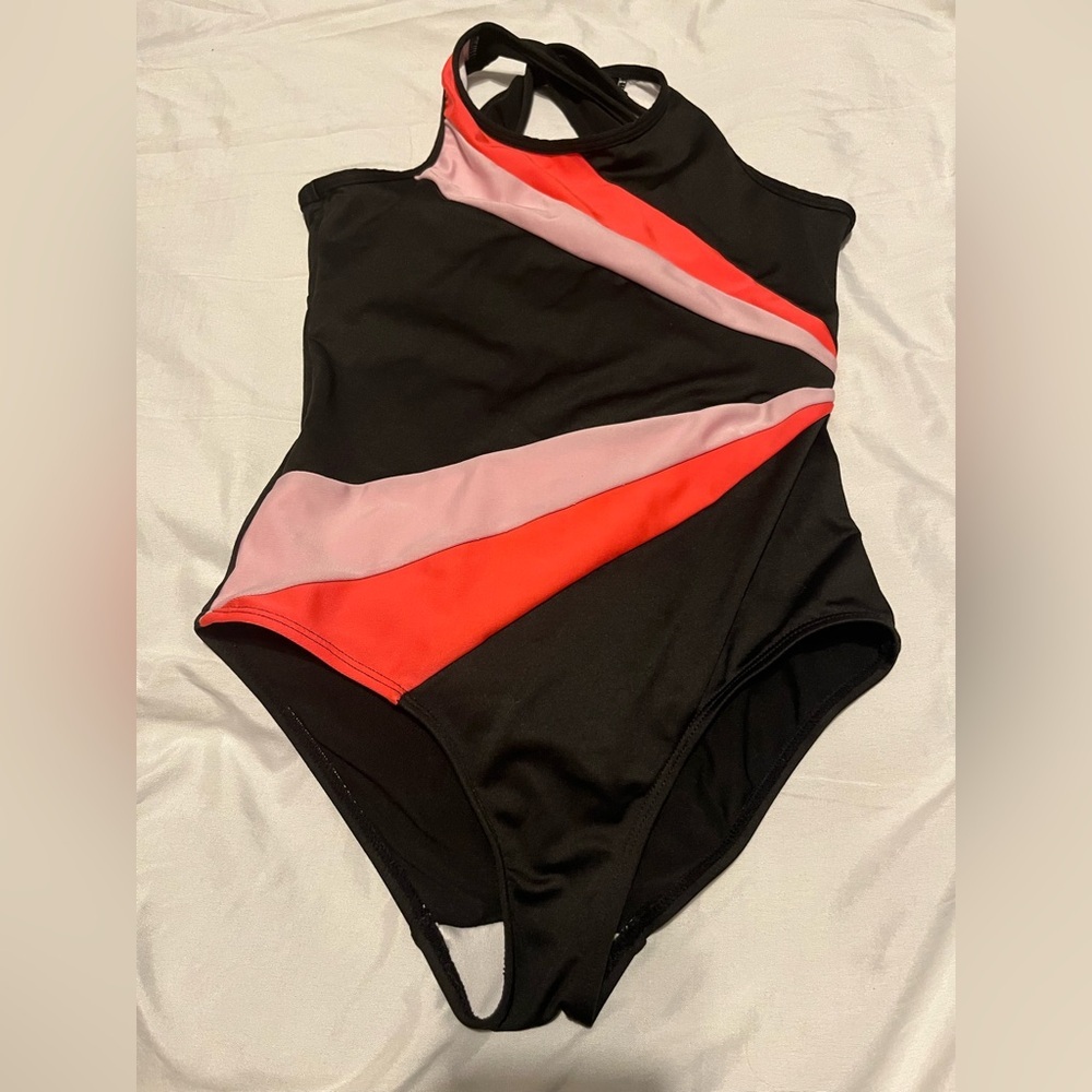 Leotard Gymnastics/Dance Black w/a coral/pink design & crisscross back. Adult XS